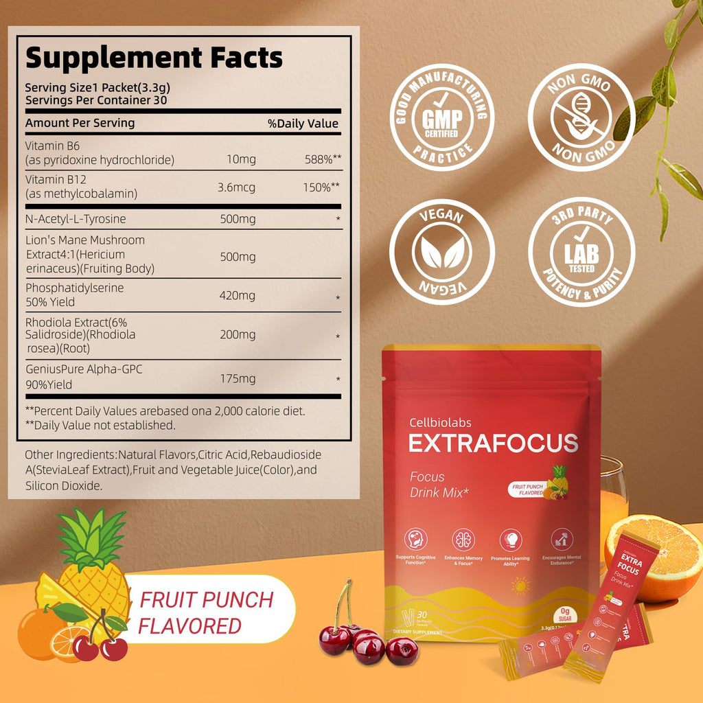 Nootropic Extra Focus Drink Mix, 30 Packs On-The-Go Sticks, Featuring Alpha-GPC, Lion's Mane & Rhodiola, Sugar-Free Packets Fruit Punch Clean Drink Mix Cellbiolabs Au supplements