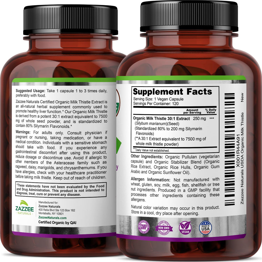 Zazzee USDA Organic Milk Thistle 30:1 Extract, 80% Silymarin, 120 Vegan Capsules, 4 Month Supply, Certified Kosher, High Potency Liver & Antioxidant Support