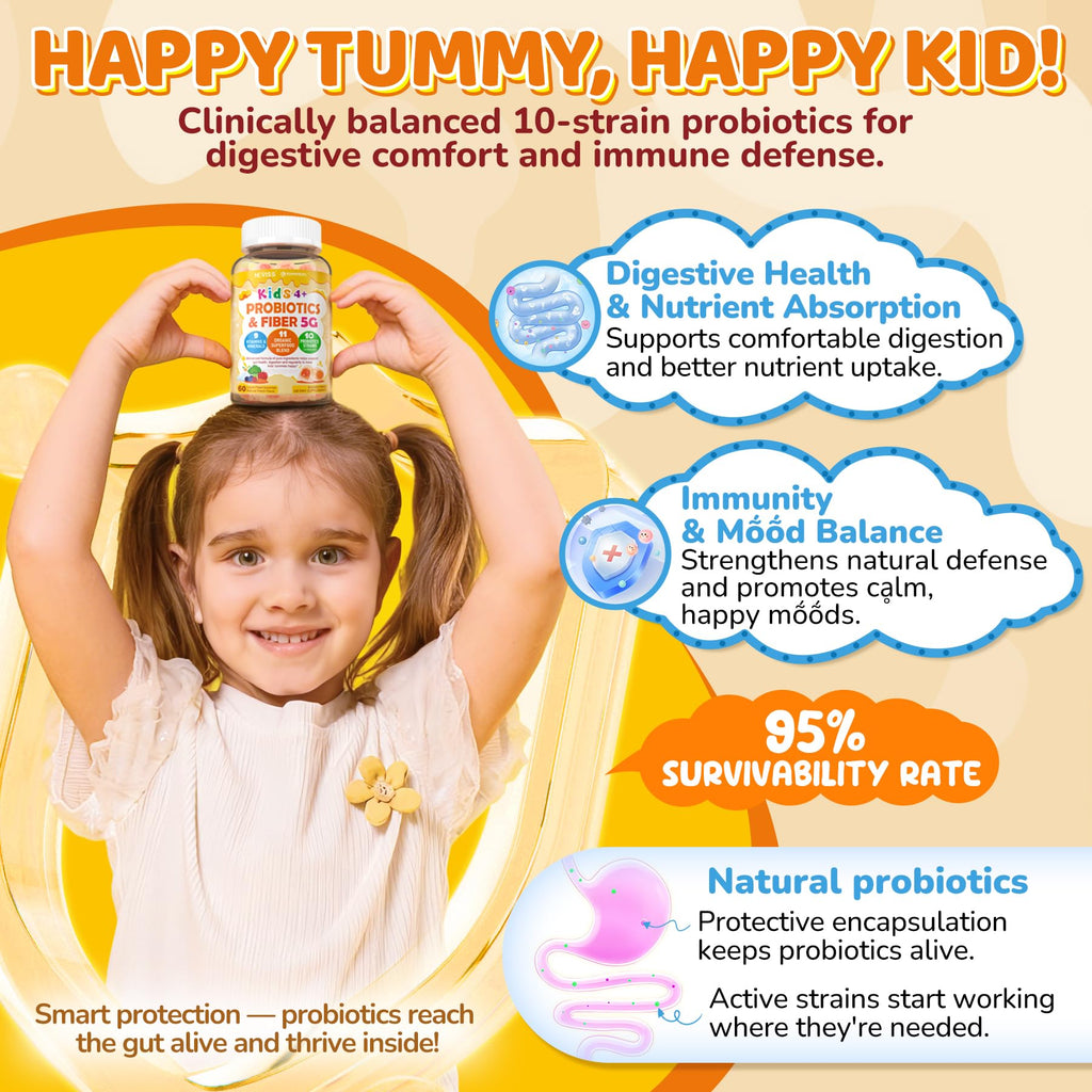 Kids Probiotic + Prebiotic Fiber Gummies 5G, 12 Billion CFU Probiotic & Veggie Fruit Fiber, w/ Organic Inulin, Methyl B12 B6 D3 C, Lutein for Children's Digestive & Gut,