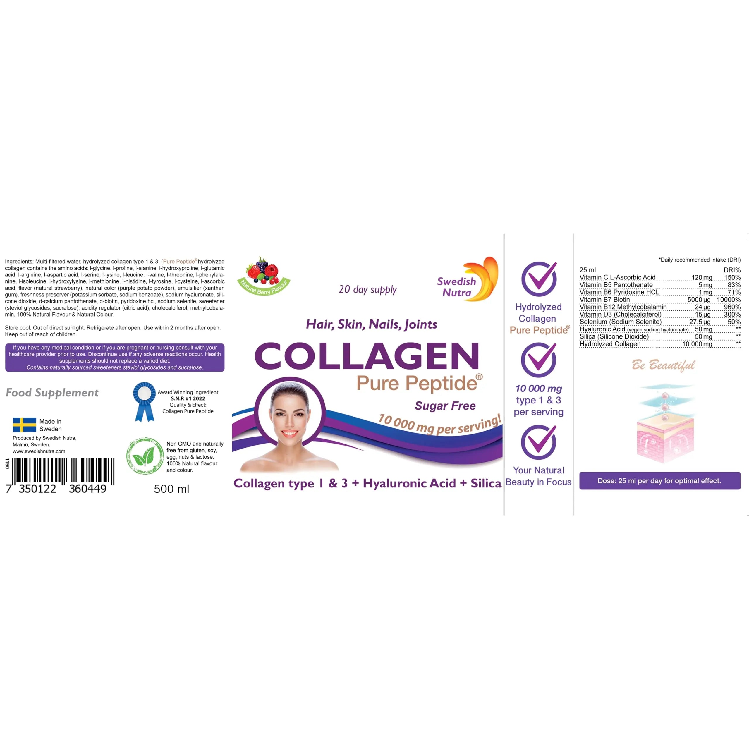 Swedish Nutra Liquid Bovine Collagen - Pack of 500ml, 20 Day Supply | Sugar Free Berry Flavour Swedish Nutra Au supplements