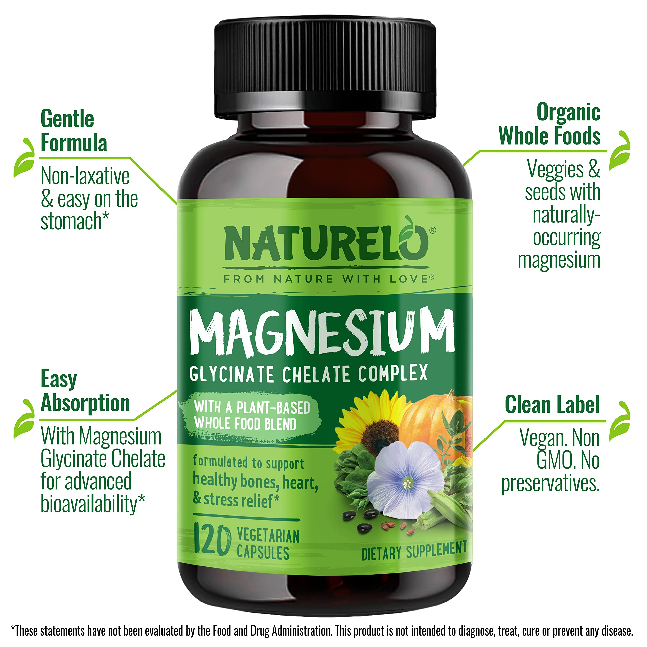 NATURELO Magnesium Glycinate Chelate Complex - 200 mg Magnesium with Organic Vegetables to Support Sleep, Calm, Muscle Cramp & Stress Relief - Gluten Free, Non GMO - 120 Capsules NATURELO Au supplements