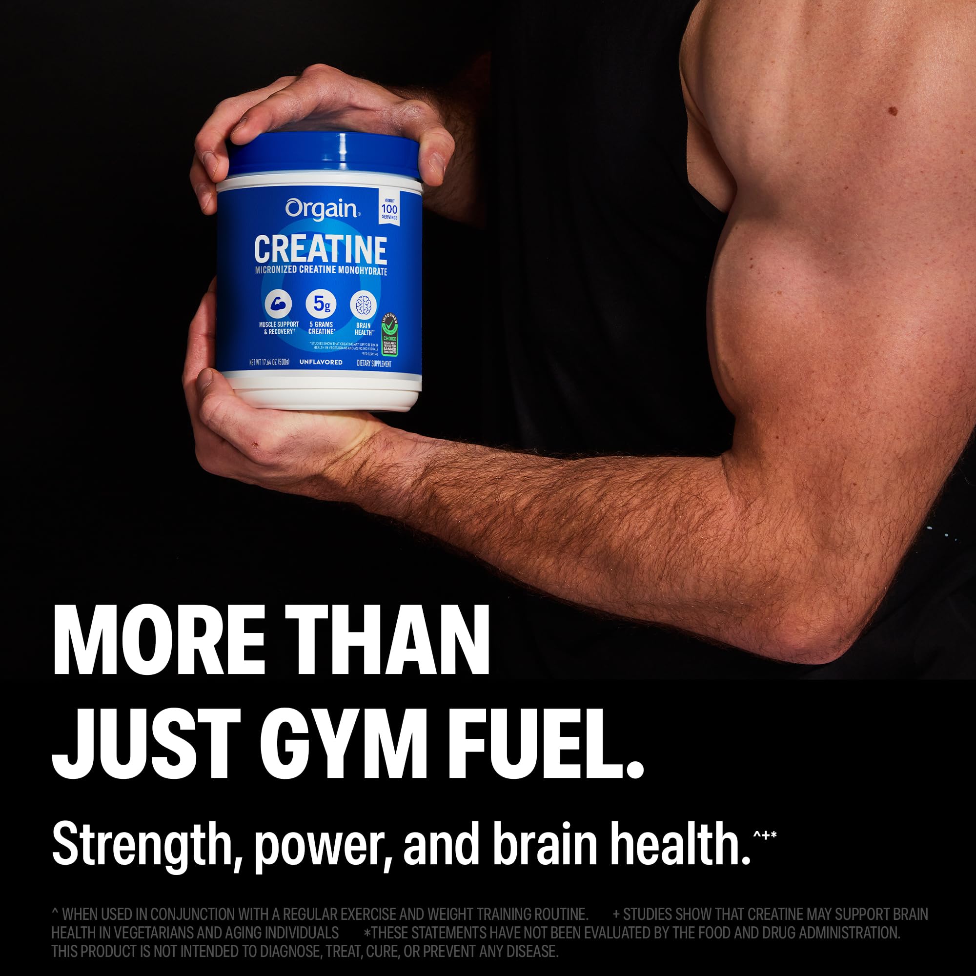 Orgain Creatine Monohydrate Micronized Powder, 100 Servings, Unflavored, Supports Muscle Growth, Post Workout Recovery and Brain Health, No Artificial Additives