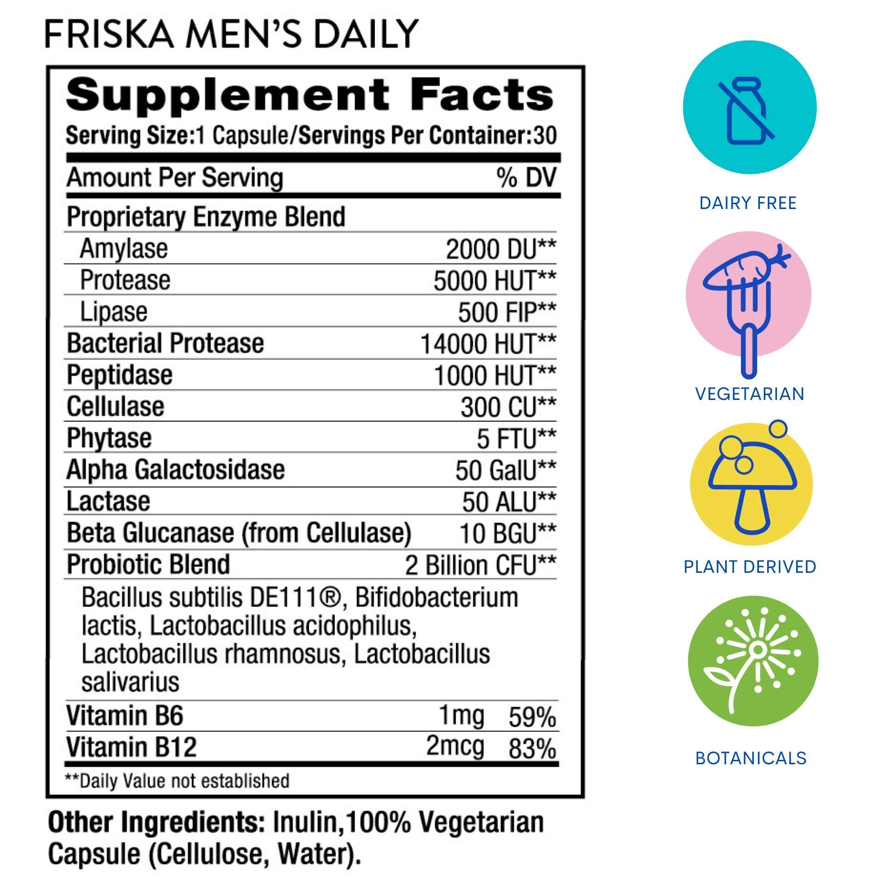 Friska Daily Digestive Enzymes with Probiotics for Men - Helps Break Down Protein, Fat & Carbs, Reduces Bloating & Gas, with Vitamins B6 & B12, 30 Capsules FR!SKA Au supplements