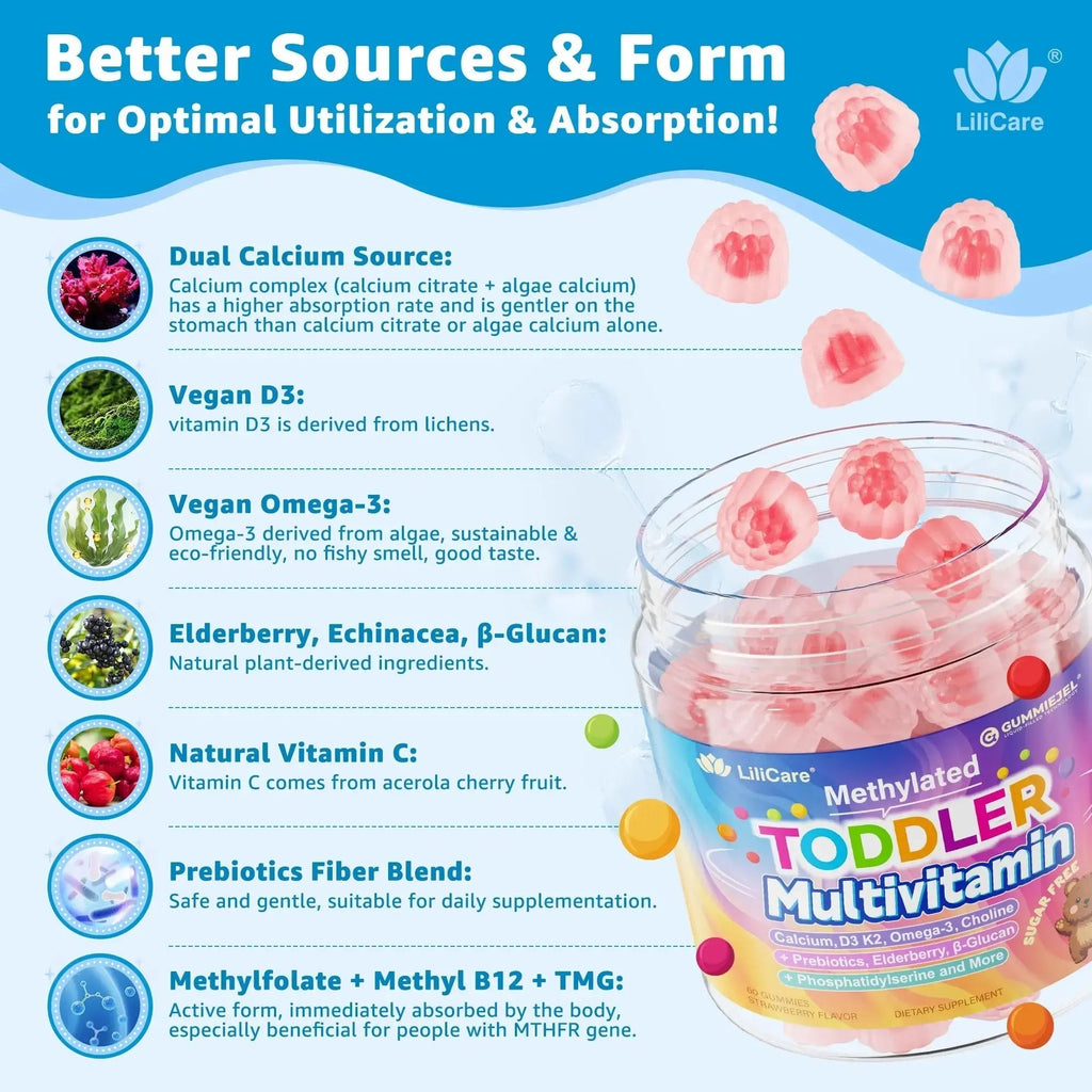 Toddler Multivitamin Gummies with Iron, Omega-3, ARA, Calcium, Prebiotic | Methylated Vitamins for Kids Ages 2+ | Overall Support | LILICARE Au supplements