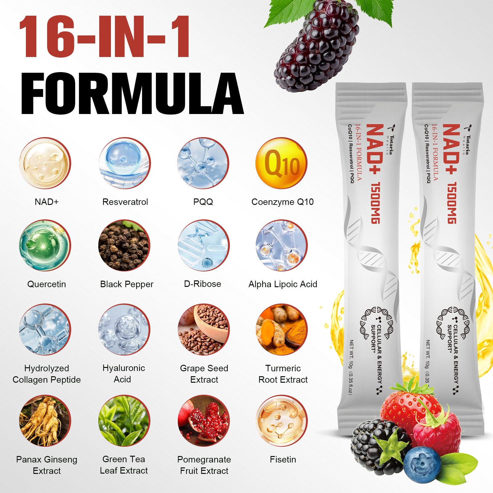 Totaria NAD Liquid Supplement 1500mg for Men & Women, Extra Strength NAD+, Resveratrol, PQQ, CoQ10, 16-in-1 Formula with Nicotinamide Riboside for Anti Aging, Energy, Immune, Focus (30 Packets) Totaria Au supplements