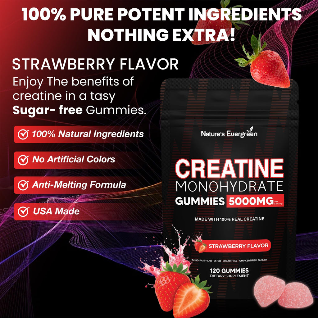 Creatine Monohydrate 5000mg Gummies, Pre-Workout 5g Creatine Gummy Supplement for Men & Women: Muscle Builder & Energy Boost, Sugar Free, Vegan, Strawberry Flavor, (120 Count) Made in USA Nature's Evergreen Au supplements