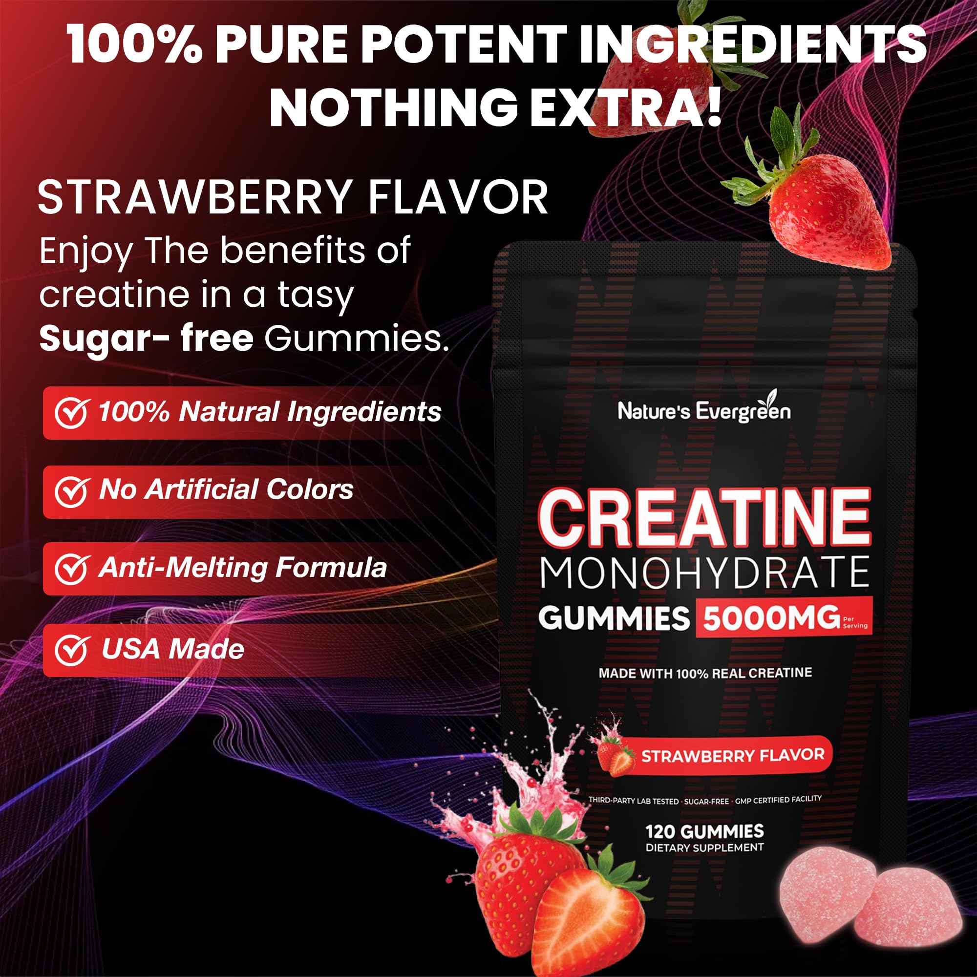 Creatine Monohydrate 5000mg Gummies, Pre-Workout 5g Creatine Gummy Supplement for Men & Women: Muscle Builder & Energy Boost, Sugar Free, Vegan, Strawberry Flavor, (120 Count) Made in USA Nature's Evergreen Au supplements
