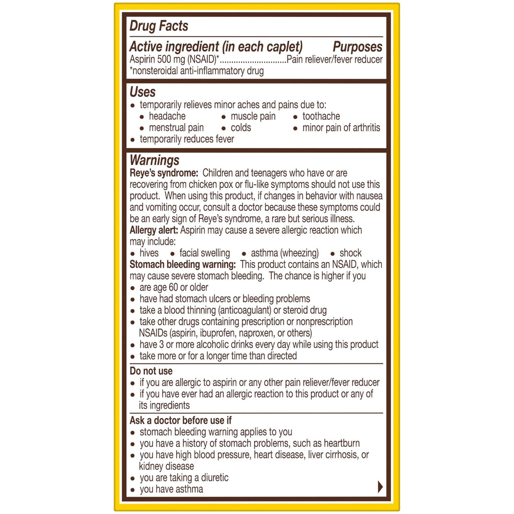 Bayer Aspirin Extra Strength, Aspirin 500mg, Pain Relief Pills, Fever Reducer and Headache Relief for Adults, 100 ct Bayer Au supplements