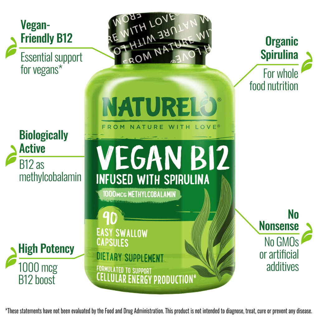 NATURELO Vegan B12 - Methyl B12 with Organic Spirulina - High Potency Vitamin B12 1000 mcg Methylcobalamin - Supports Healthy Mood