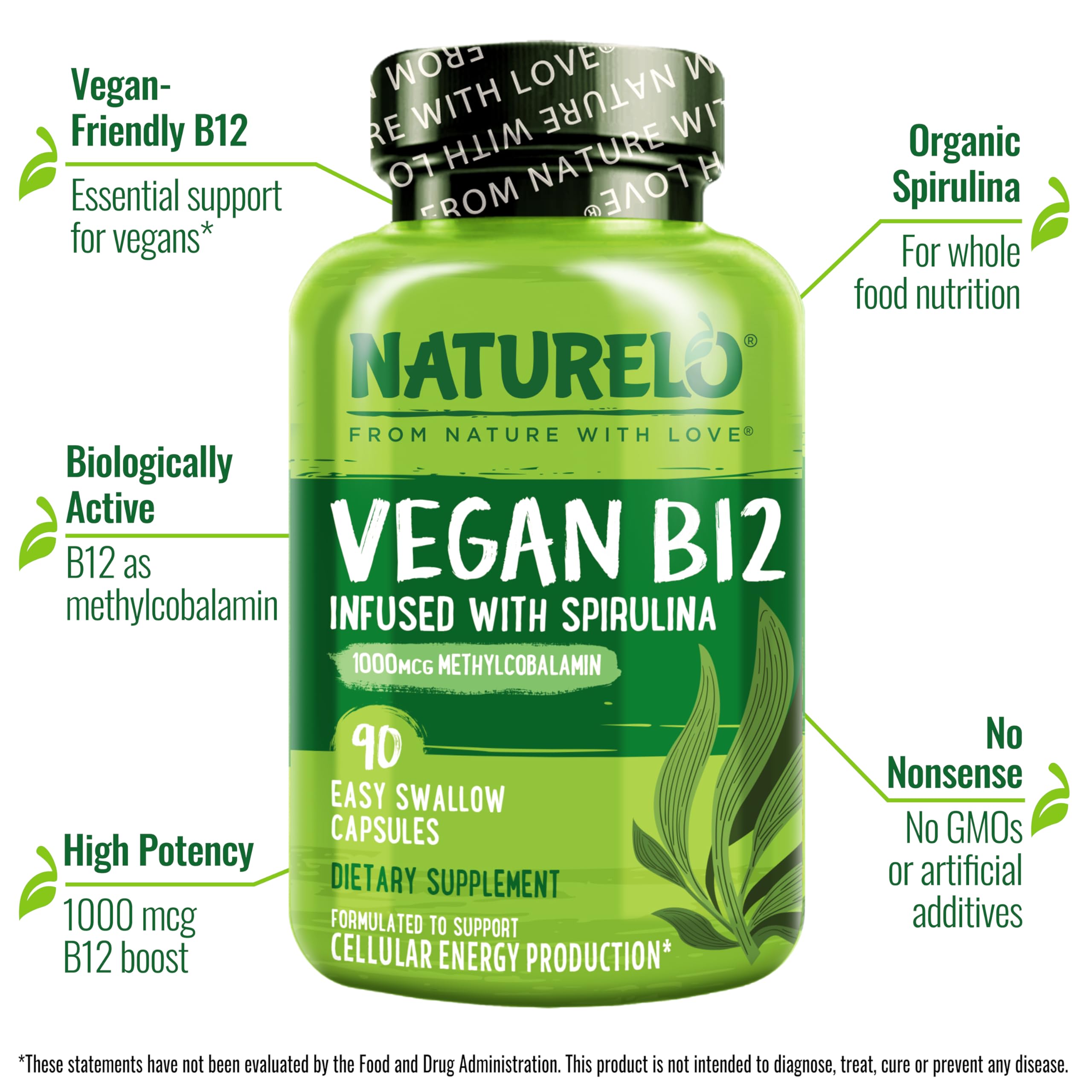 NATURELO Vegan B12 - Methyl B12 with Organic Spirulina - High Potency Vitamin B12 1000 mcg Methylcobalamin - Supports Healthy Mood