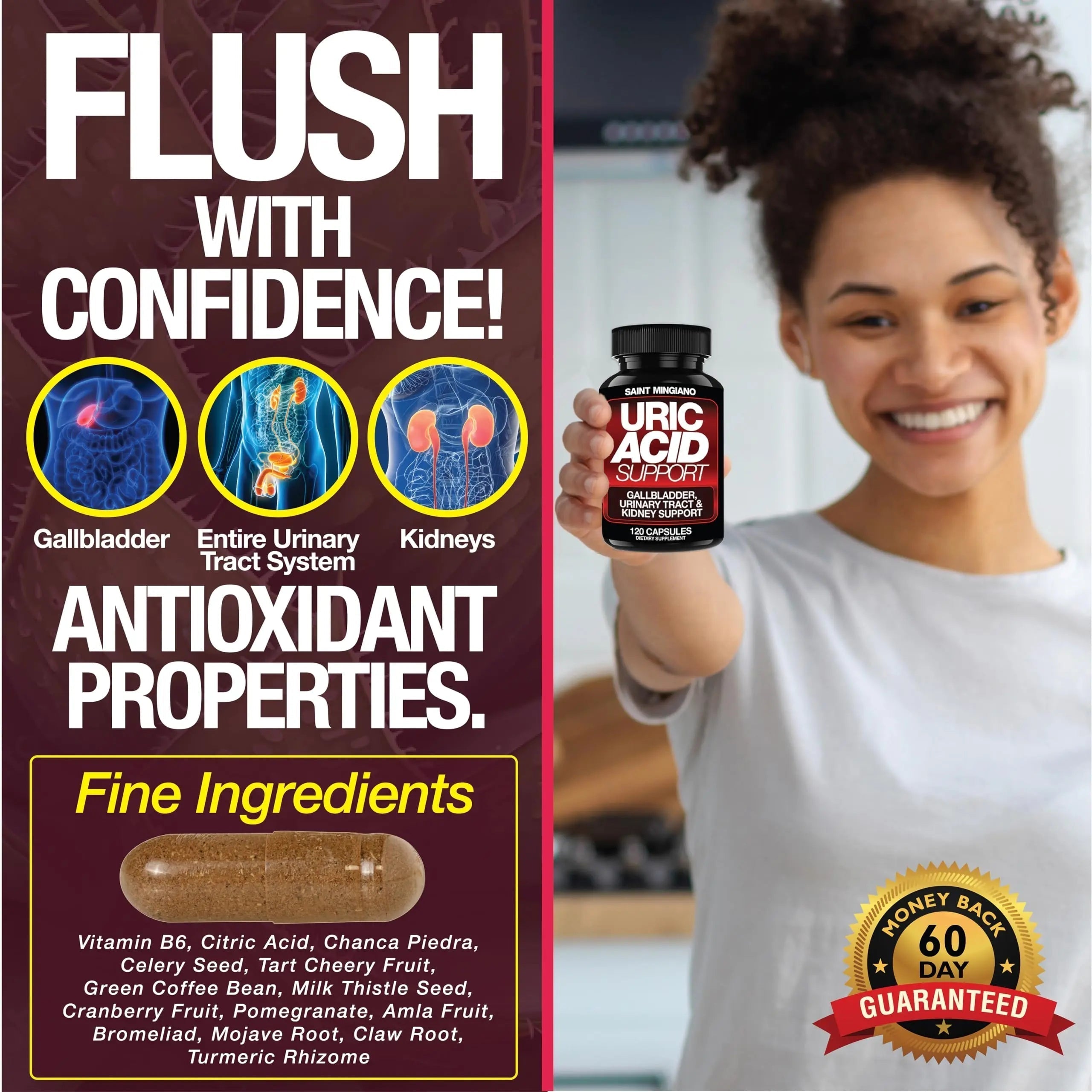 Saint Mingiano Uric Acid Flush for Gout Support -120 Capsules - Supports Kidney Cleanse Detox & Repair, Gallbladder & Urinary Tract Issues - Essential for Detox & Joint Support - Cranberry Extract Saint Mingiano Au supplements