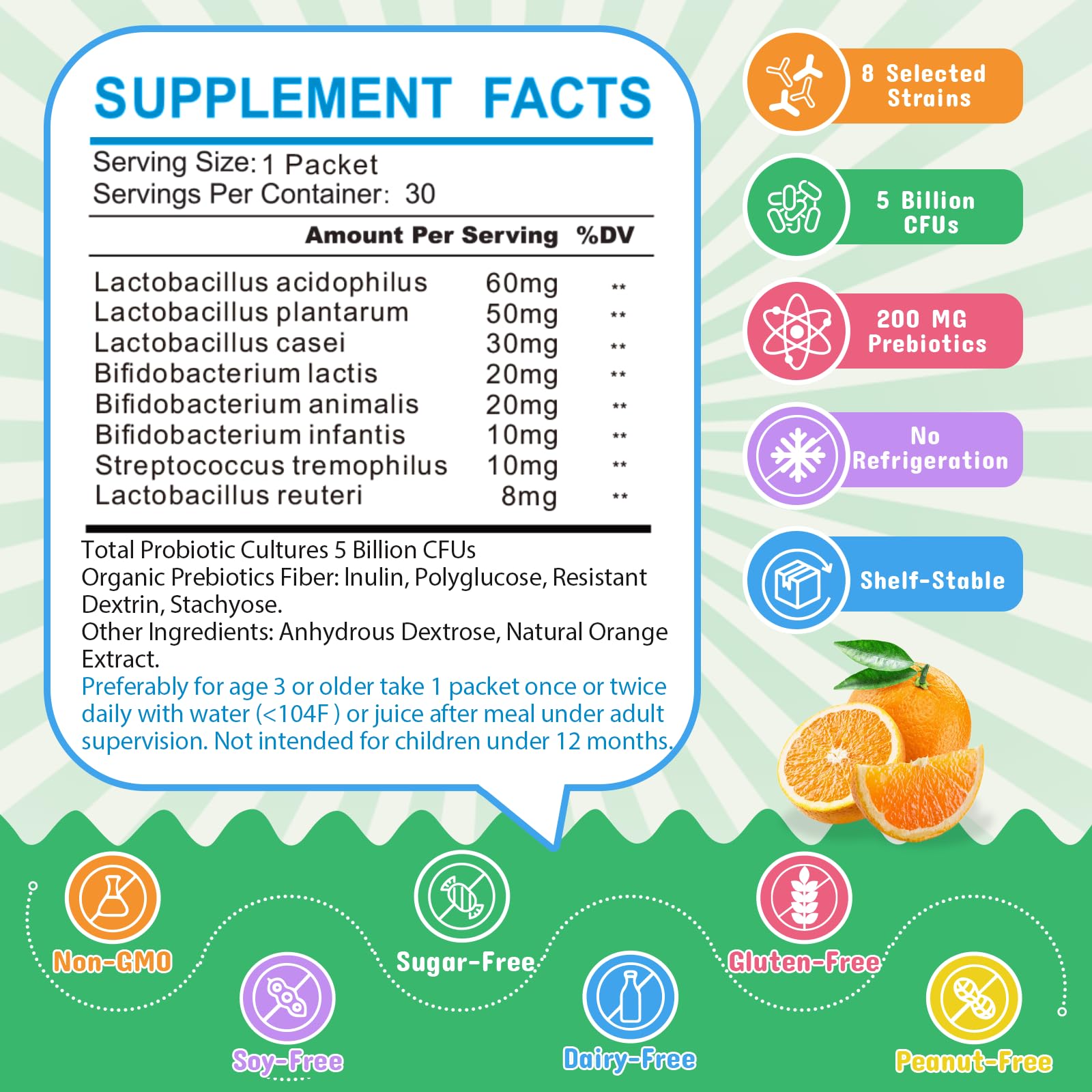 ZEBORA Kids Probiotic & Prebiotics Powder Age 3+ Support Children's Digestive & Immune System with Natural Source, Promotes Constipation Relief, Non-GMO