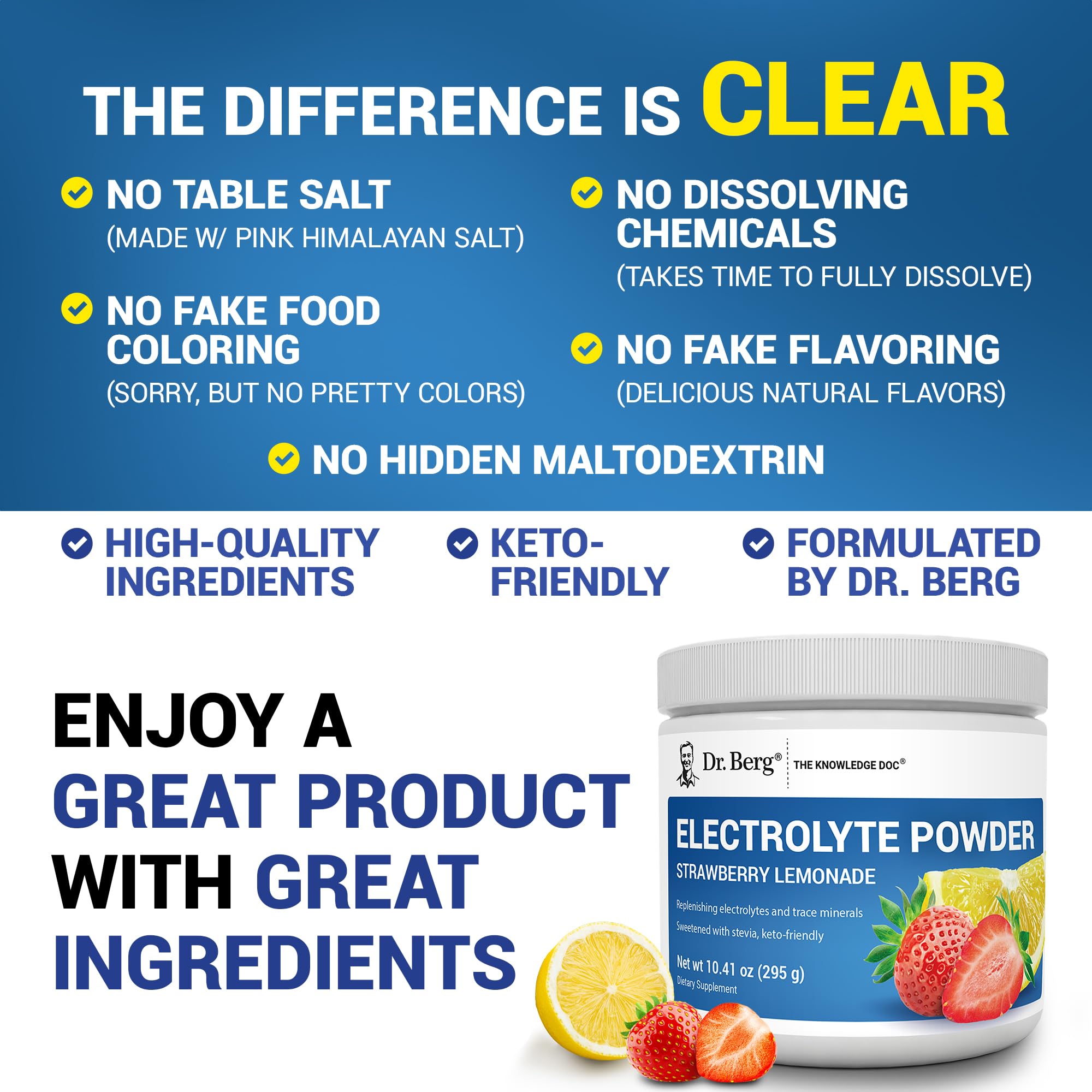 Dr. Berg Zero Sugar Hydration Keto Electrolyte Powder - Enhanced w/ 1000 mg of Potassium & Real Pink Himalayan Salt (NOT Table Salt) - Strawberry Lemonade Hydration Drink Supplement - 50 Servings