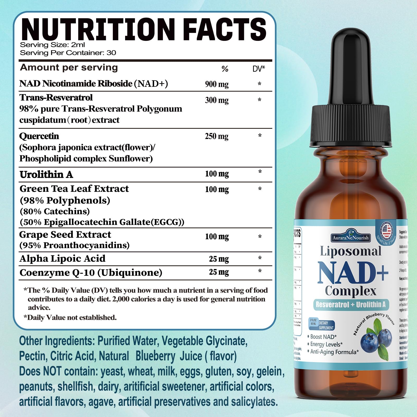 Liposomal NAD+ Liquid Drops, 8-in-1 NAD⁺ Nicotinamide Riboside Resveratrol 900mg w. Quercetin & Urolithin A | Fast Absorption NAD+ Supplement with CoQ10, ALA | Cellular Energy, Anti-Aging, Vitality AuraraNeNourish Au supplements