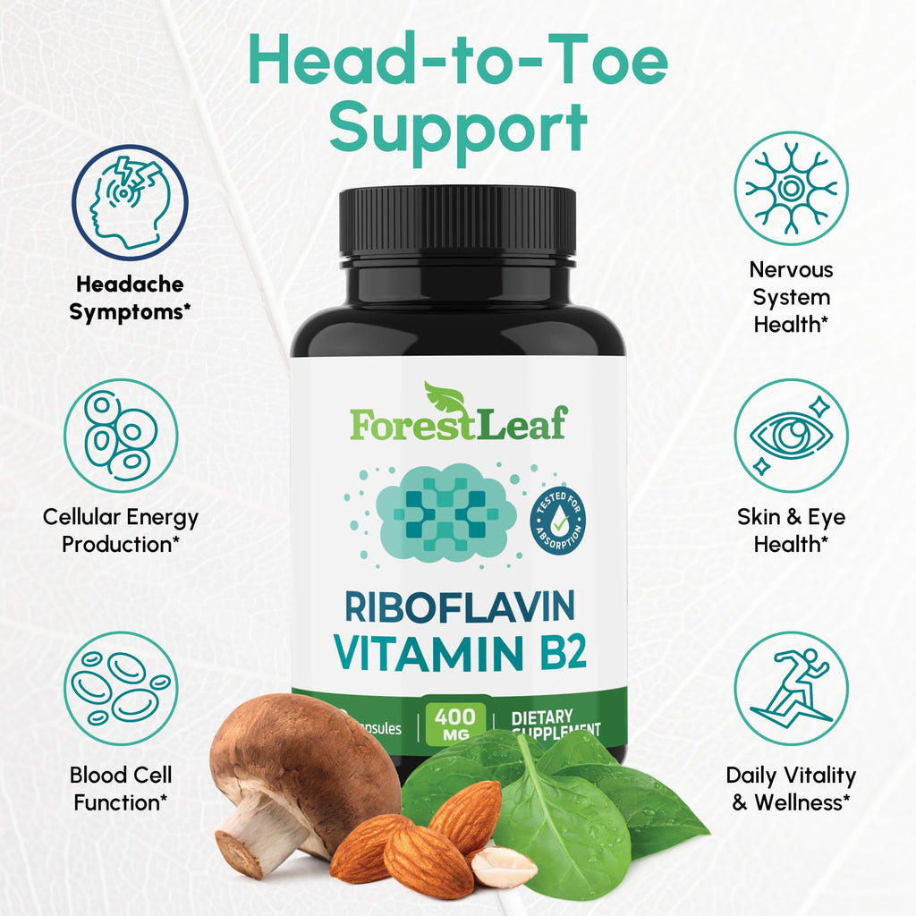 ForestLeaf Vitamin B2 Riboflavin 400mg - Energy, Skin & Cellular Health Supplement - Nervous System Support - Vitamin B 2 VIT B - Non-GMO & Gluten Free
