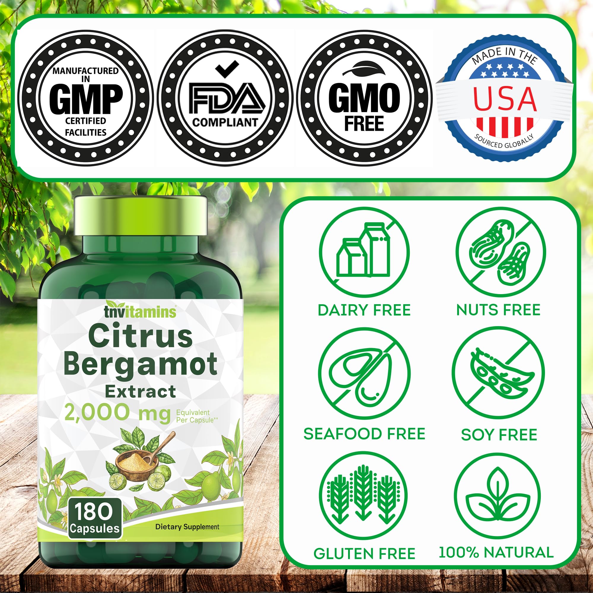 tnvitamins Citrus Bergamot 2000mg - 180 Capsules | Ultra Potent Citrus Bergamot Supplement 2000 mg Per 1 Capsule Serving