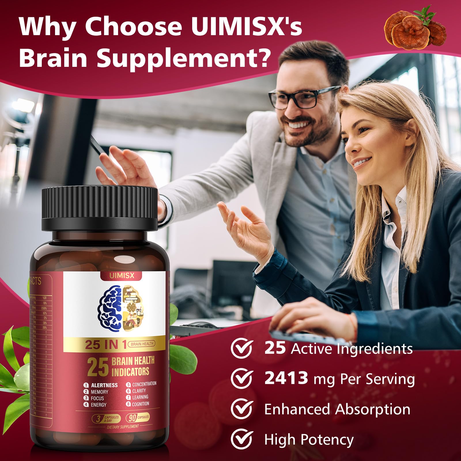 UIMISX Brain Supplement for Mental Alertness, Memory, Focus & Energy, Alpha GPC, Huperzine-A, L-Tyrosine, Phosphatidylserine, Vitamins B6 B12, High Absorption, 90 Capsules UIMISX Au supplements