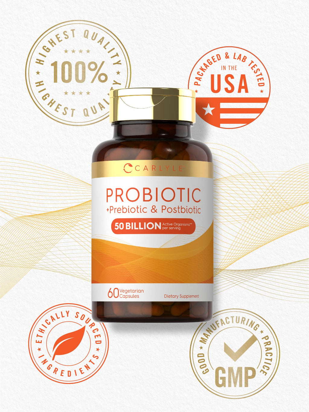 Carlyle Probiotic for Women and Men | 50 Billion CFU | 60 Capsules | Plus Prebiotic and Postbiotic | Complex Supplement | Vegetarian, Non-GMO, and Gluten Free