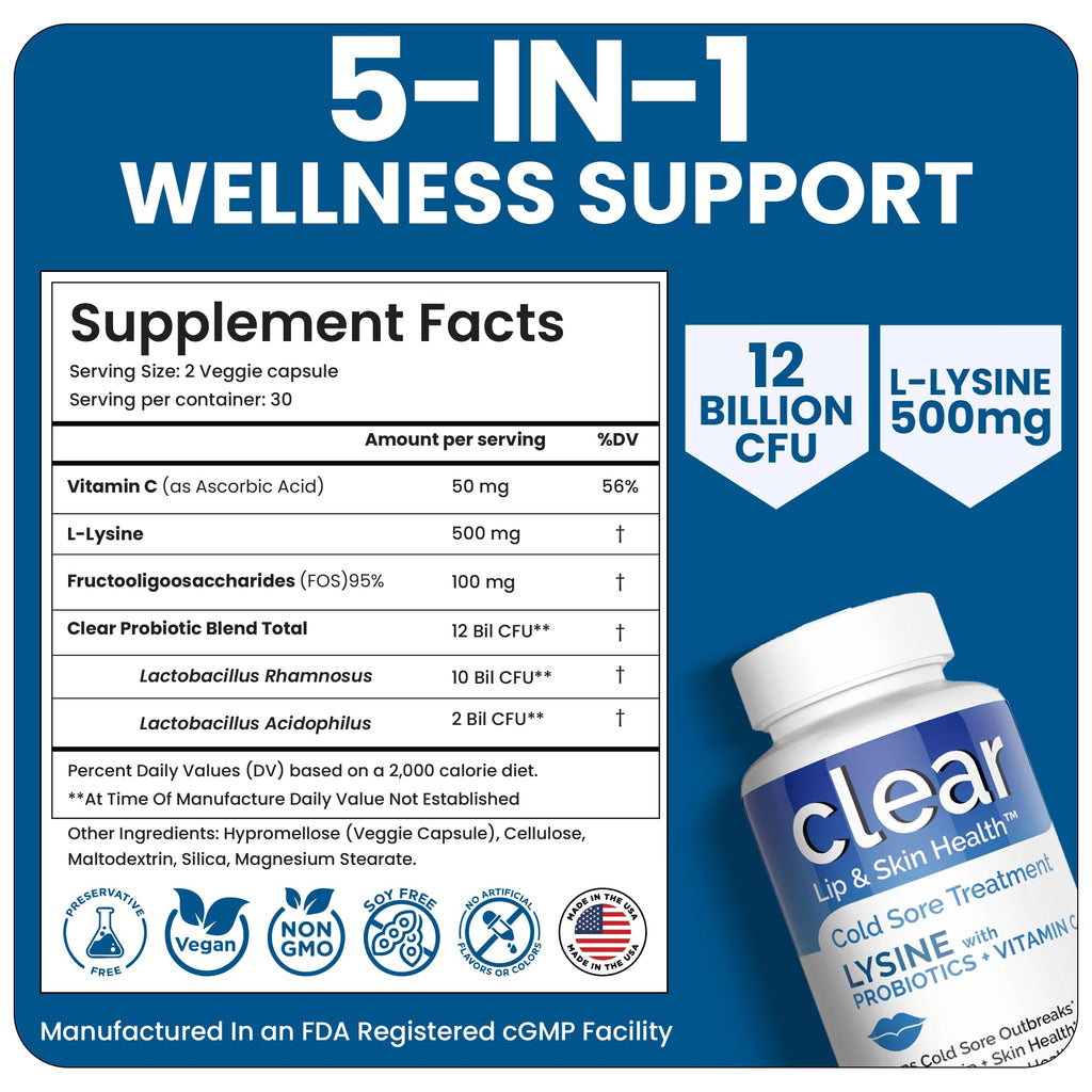Lysine Cold Sore Treatment for Lips with Pre-Probiotics & VIT C | 1 Month Supply | Supercharged Lysine Capsules with Rhamnosus & Acidophilus for Cold Sores Relief