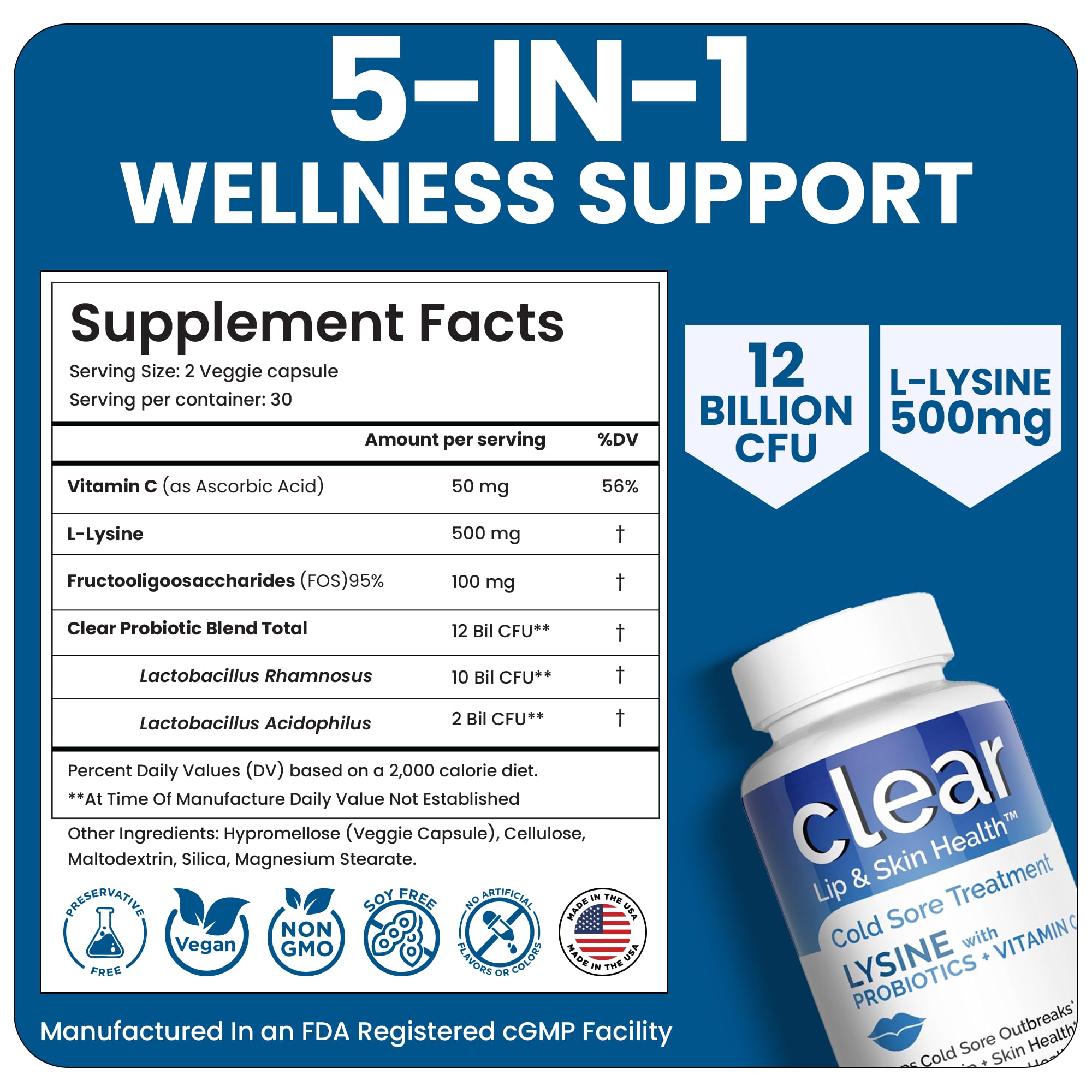 Lysine Cold Sore Treatment for Lips with Pre-Probiotics & VIT C | 1 Month Supply | Supercharged Lysine Capsules with Rhamnosus & Acidophilus for Cold Sores Relief
