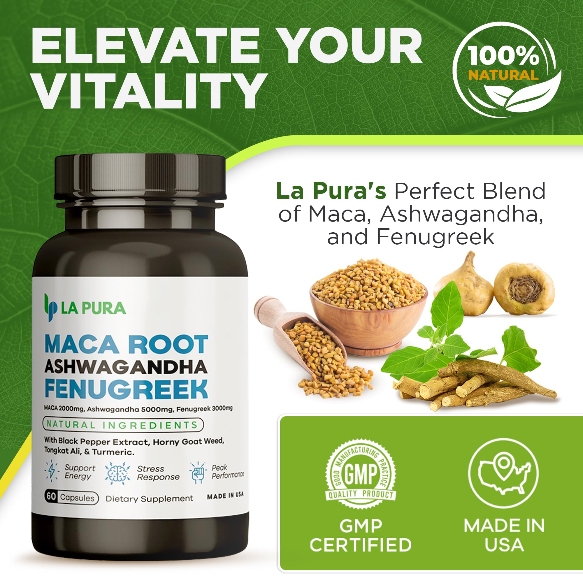 LaPura Ashwagandha 5000mg Maca Root 2000mg Fenugreek 3000mg Supplement LaPura Au supplements