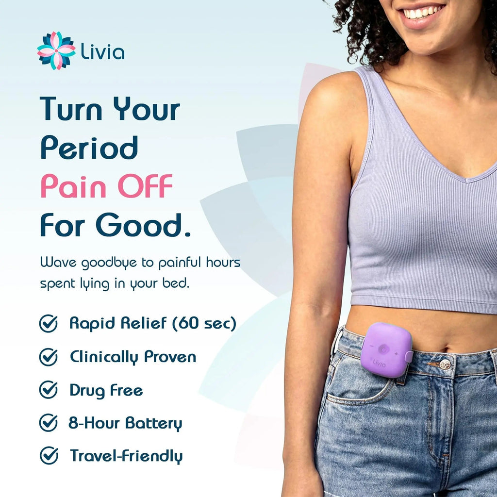 Livia Menstrual Pain Relief Device, Lavender – Off-Switch for Period Pain – Portable & Discreet – Rechargeable, Up to 8 Hours Battery – Complete Kit with Stick-On Pads – The Go-to Travel Partner Livia Au supplements