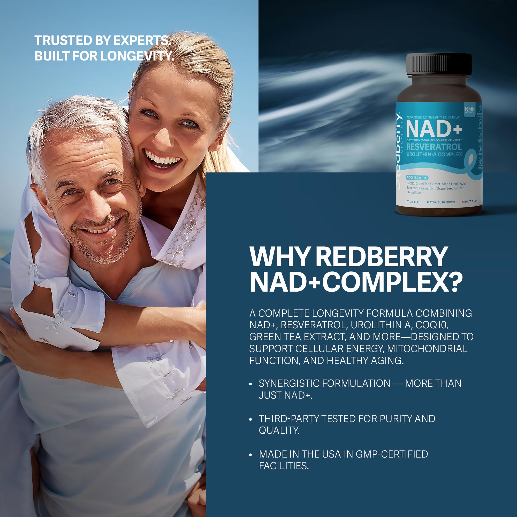 NAD Supplement with Direct NAD+ 300mg (NAD Plus) | Advanced Longevity Complex with Urolithin A & Resveratrol | NMN Alternative | 60 Capsules | Non-GMO, Gluten Free | Made in USA Redberry Organics Au supplements