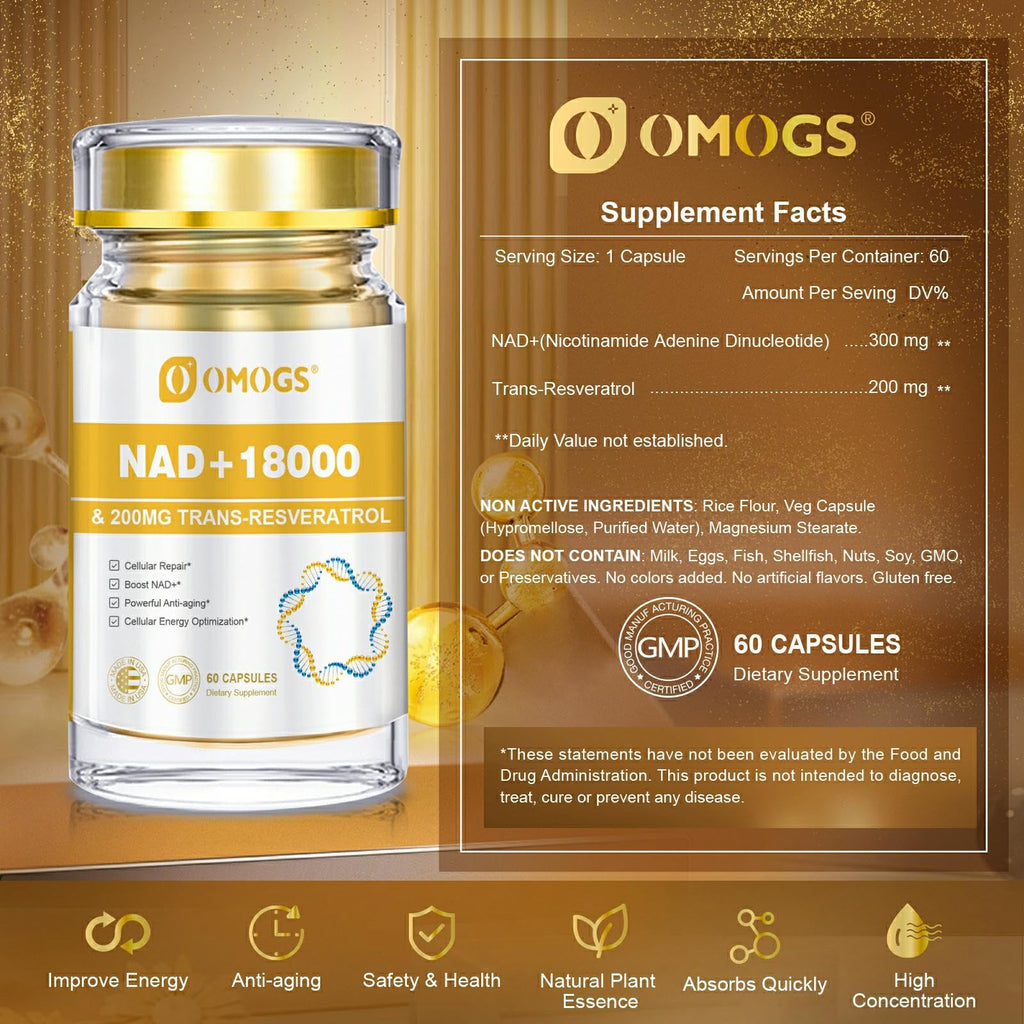 OMOGS NAD+ 300 mg + Trans-Resveratrol 200 mg, Pure NAD Supplement, Max Absorption, Boosting Supplement for DNA Repair, Healthy Aging, Cellular Energy & Longevity, 60 Capsules OMOGS Au supplements