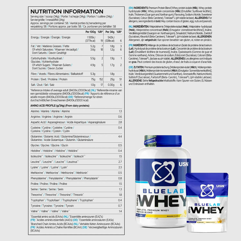 USN Blue Lab Whey Protein Powder: Banana - Whey Protein 2kg - Post-Workout USN Au supplements