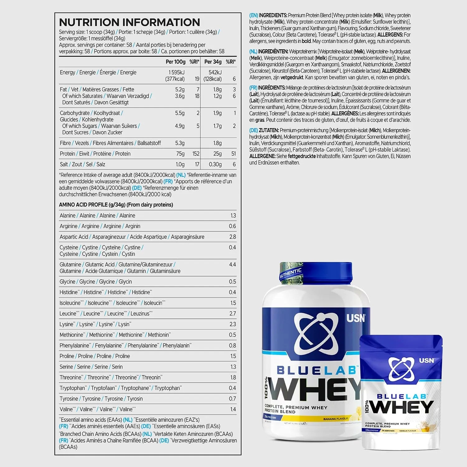 USN Blue Lab Whey Protein Powder: Banana - Whey Protein 2kg - Post-Workout USN Au supplements