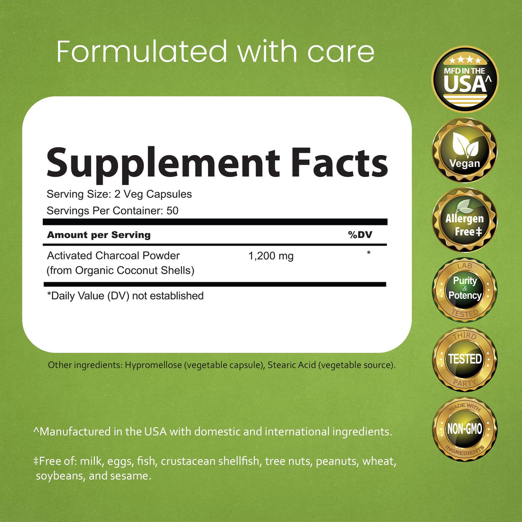 NaturaLife Labs Activated Charcoal 1200 mg per Serving – from Coconut Shells – 100 Veg Capsules – Non-GMO, Gluten-Free, Vegan