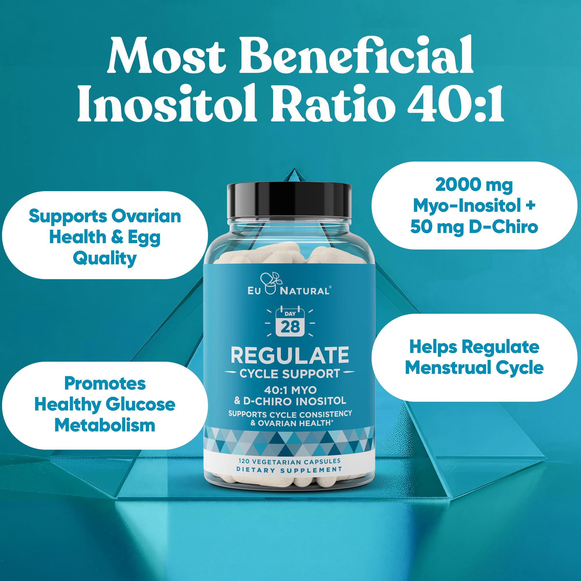 Regulate Cycle Support – Hormone Balance for Women at Optimal 40:1 Myo-Inositol 2000 mg & D-Chiro Inositol 50 mg – Supplement for Period Consistency, Menstrual & Ovulation Support – 120 Vegan Capsules Eu Natural Au supplements