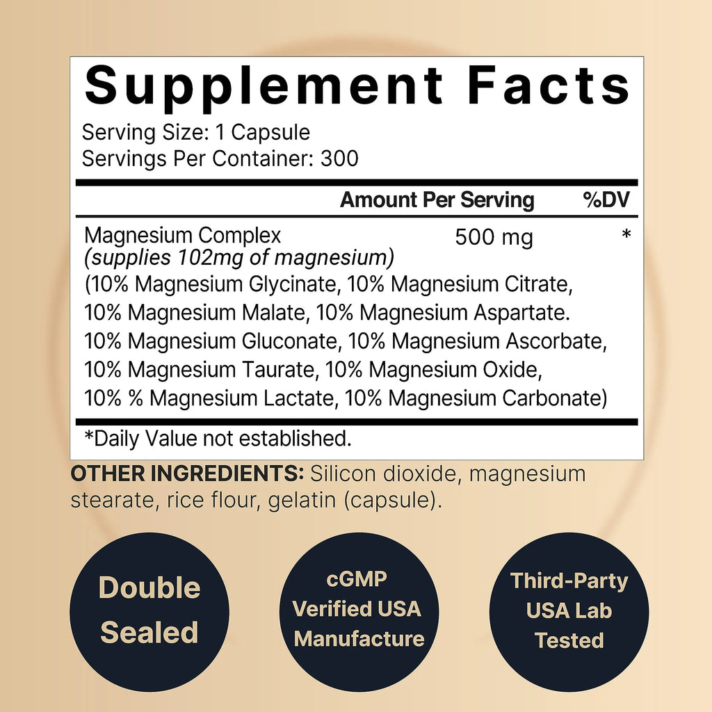 Magnesium Complex Supplement 500mg, 300 Capsules | 10 Active Forms – Glycinate NatureBell Au supplements
