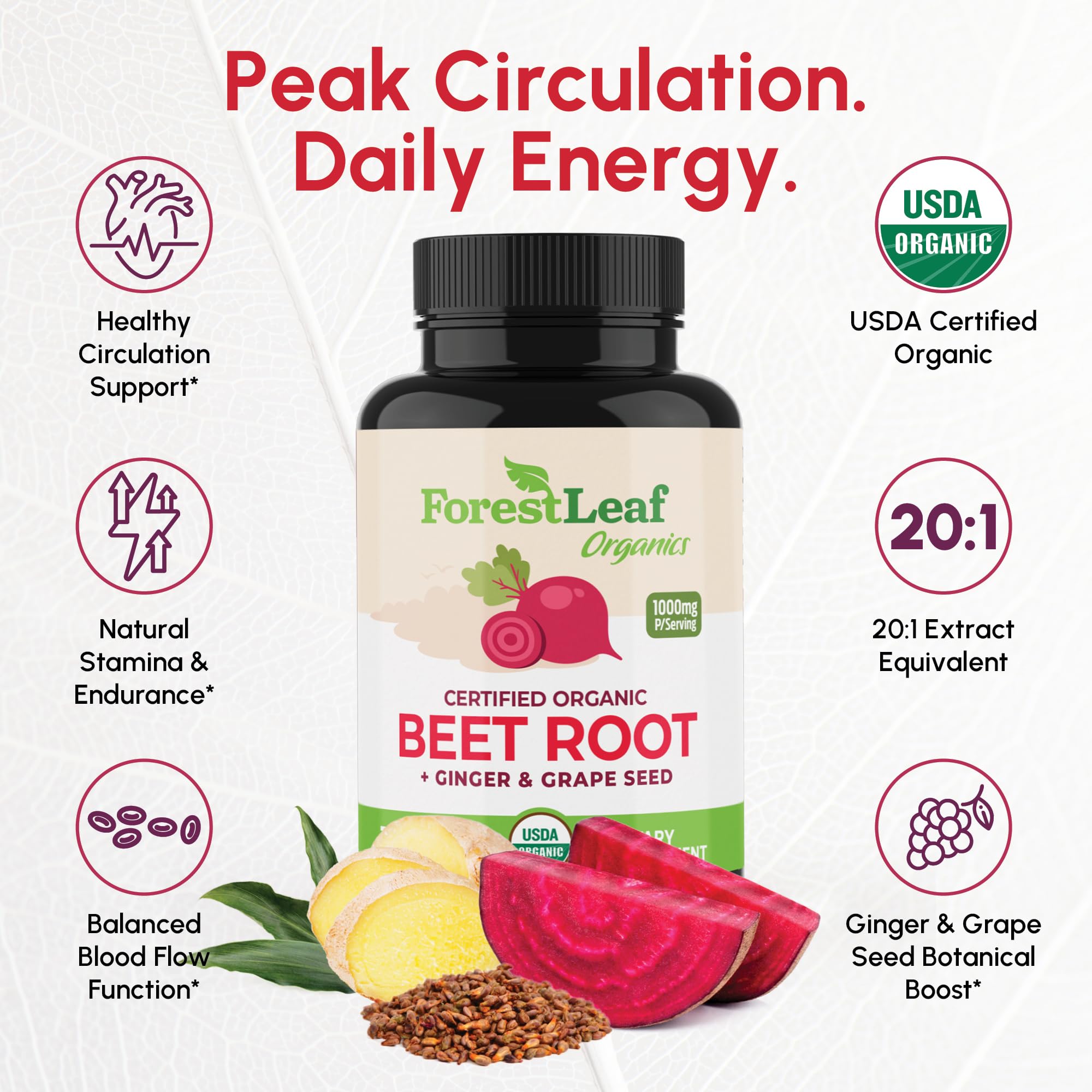 ForestLeaf USDA Organic Beet Root Capsules - Beetroot Supplement 1000mg 20:1 Extract w/Ginger Grape Seed - Support Blood Pressure, Nitric Oxide