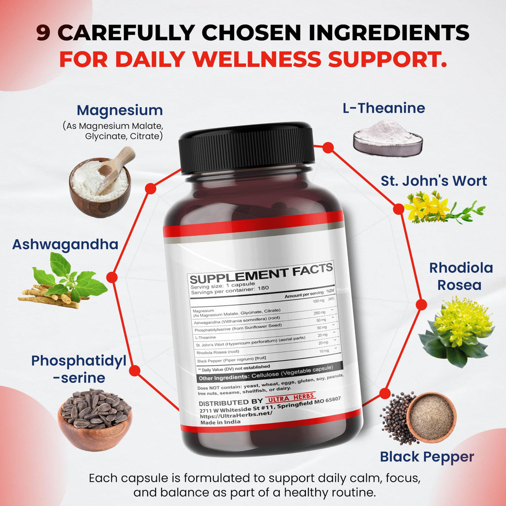 CORTISOL Shield 9-in-1 -Magnesium + Ashwagandha with Phosphatidylserine, L-Theanine, St. John's Wort, Rhodiola Rosea - Relaxation Support, Hormone Balance (180 Count (Pack of 1)) ULTRA HERBS Au supplements
