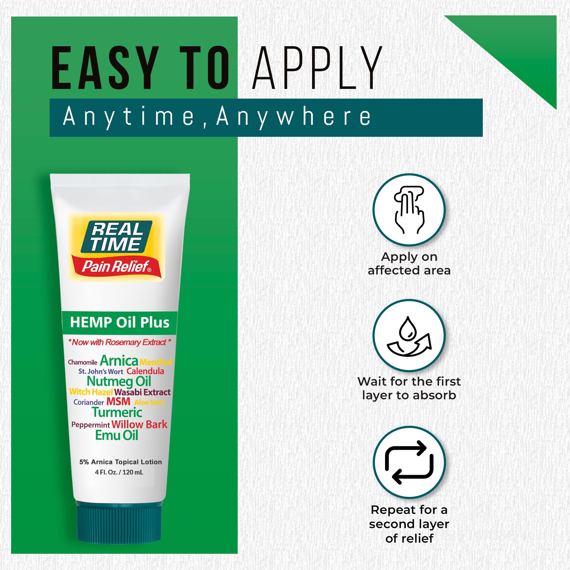 Real Time Pain Relief Hemp Oil Plus 4oz Tube | 20 Natural Ingredients: 5% Arnica & Turmeric | Fast Absorbing Lotion for Muscles, Hands, Feet, Ankles, Back, Shoulders, Knees & Joints Discomfort Real Time Pain Relief Au supplements