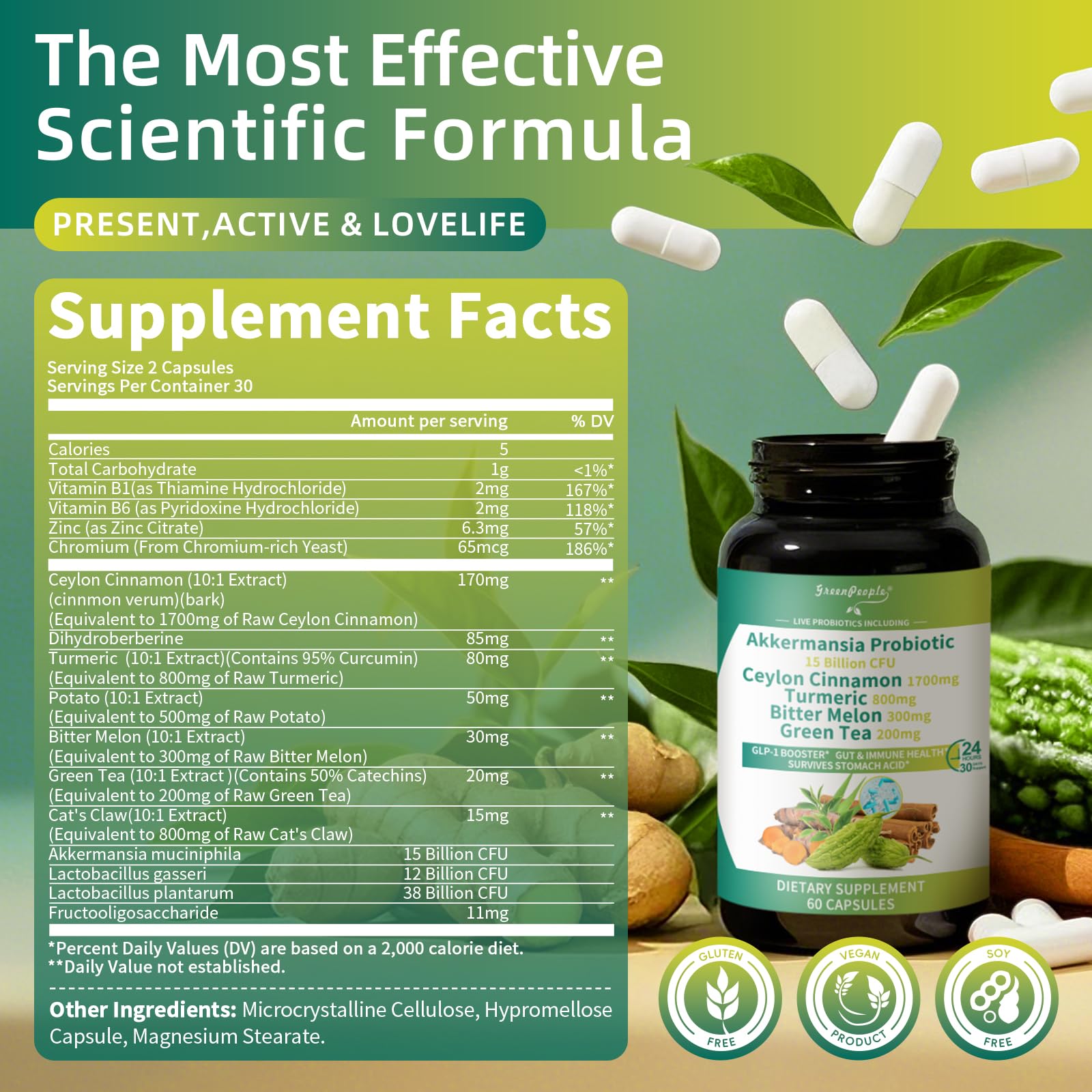 GREENPEOPLE Akkermansia Probiotics 15B CFU for Gut Function, 60CT Probiotics Supplement with Ceylon Cinnamon, Turmeric | Digestive Health & Metabolic Support