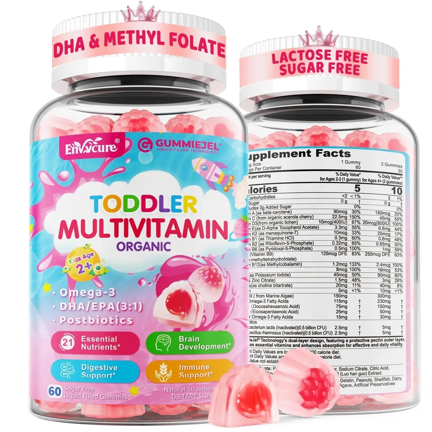 Organic Toddler Multivitamin Gummies + Omega-3 (DHA/EPA), Postbiotics | kids 2+ multivitamin | Vitamins A C D3 Methyl B12 Folate Zinc EnvyCure Au supplements