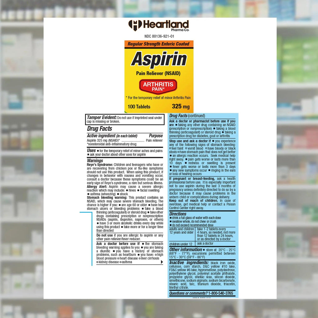 Heartland Pharma Aspirin 325mg Enteric Coated Tablets | Original Strength NSAID Pain Reliever & Fever Reducer | Joint Pain Relief for Arthritis | Child-Resistant Safety Cap | Made in USA | 100 Count Heartland Pharma Au supplements