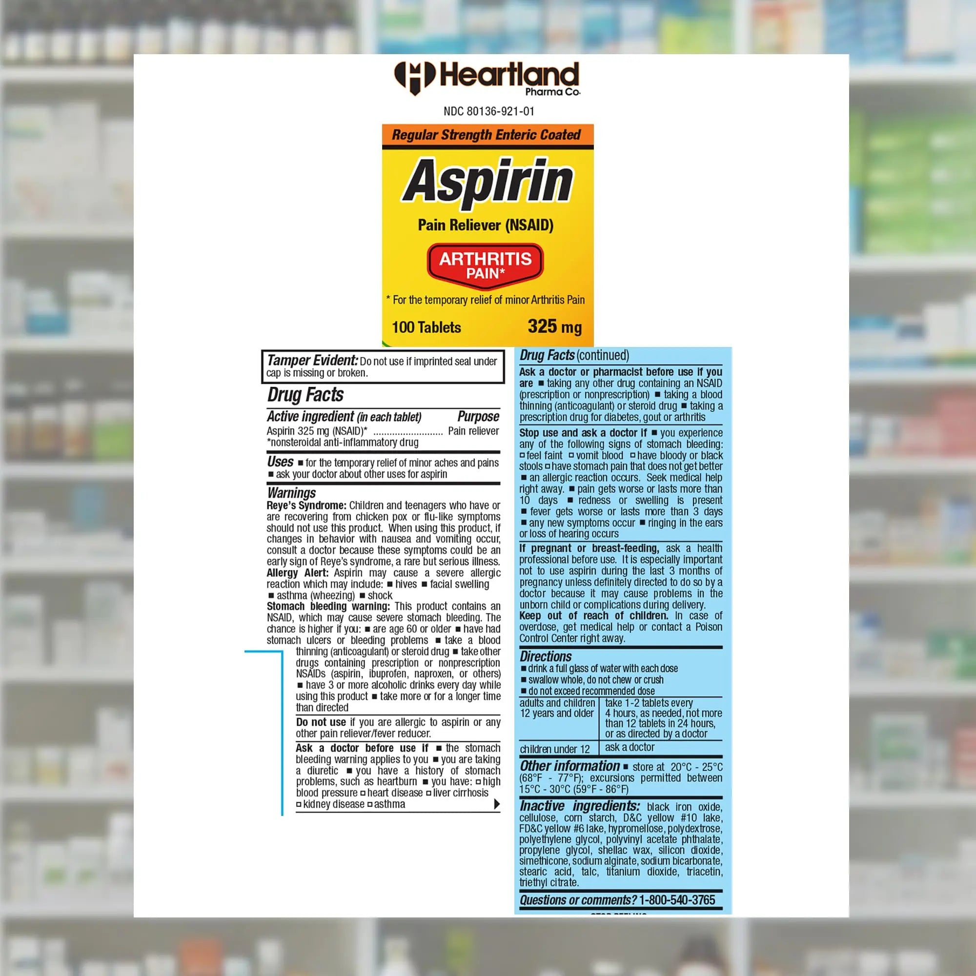 Heartland Pharma Aspirin 325mg Enteric Coated Tablets | Original Strength NSAID Pain Reliever & Fever Reducer | Joint Pain Relief for Arthritis | Child-Resistant Safety Cap | Made in USA | 100 Count Heartland Pharma Au supplements