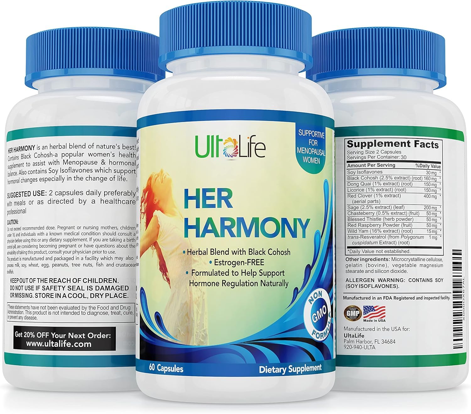 UltaLife Her Harmony Menopause Supplements for Women - Hot Flashes Menopause Relief & Hormone Balance for Women - Contains Black Cohosh, Dong Quai, Red Clover & More - Estrogen Free - 120 Capsules ULTALIFE Au supplements