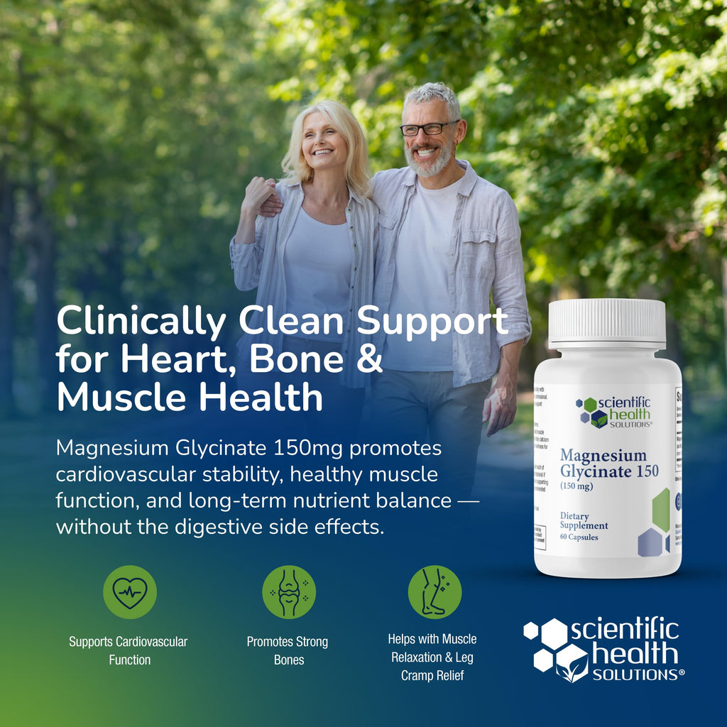 Scientific Health Solutions Magnesium Glycinate 150 mg – High‑Absorption Magnesium for Heart, Bone & Muscle Health – Supports Leg Cramps & Cardiovascular Function – Gentle on Stomach, Vegan, 60 Count Scientific Health Solutions Au supplements