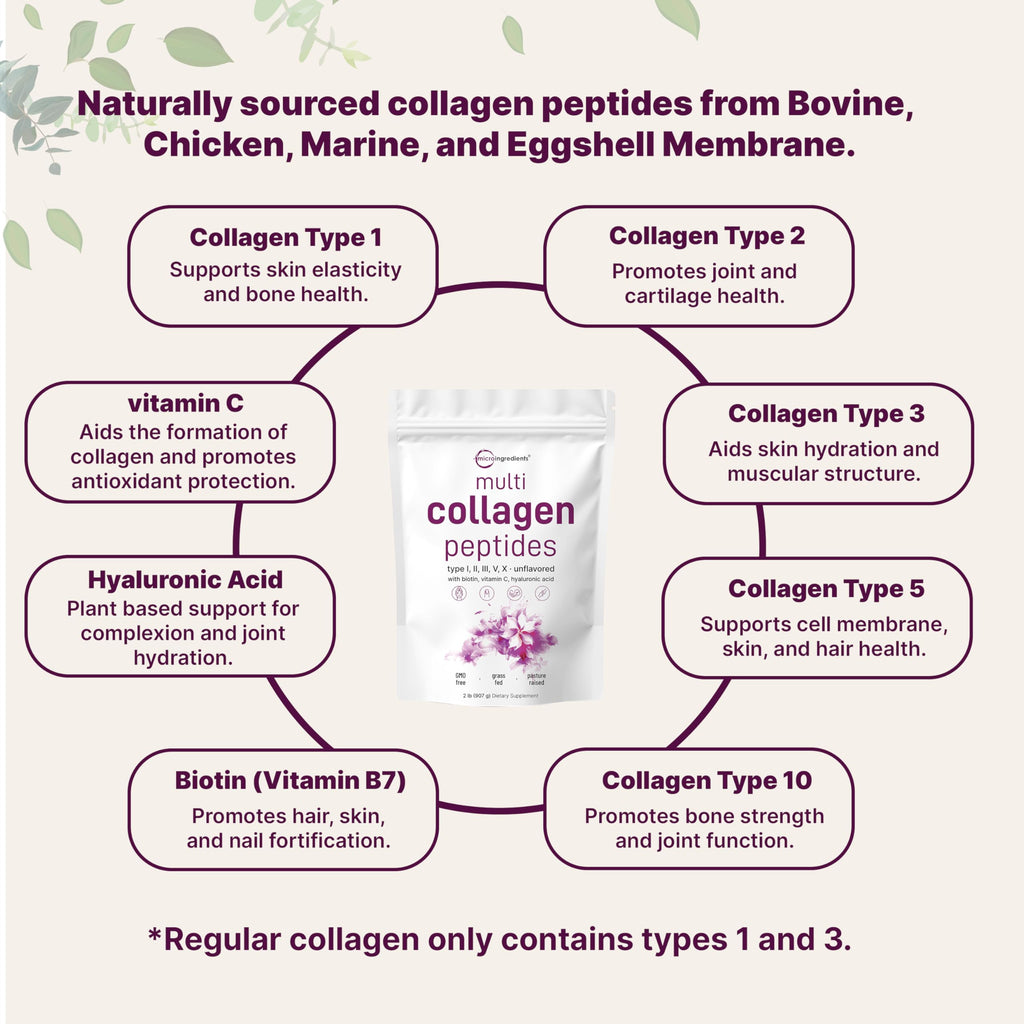 Micro Ingredients Multi Collagen Peptides Powder, 2lb – Hydrolyzed Type I,II,III,V,X with Biotin, Hyaluronic Acid, Vitamin C – Unflavored Collagen for Women & Men