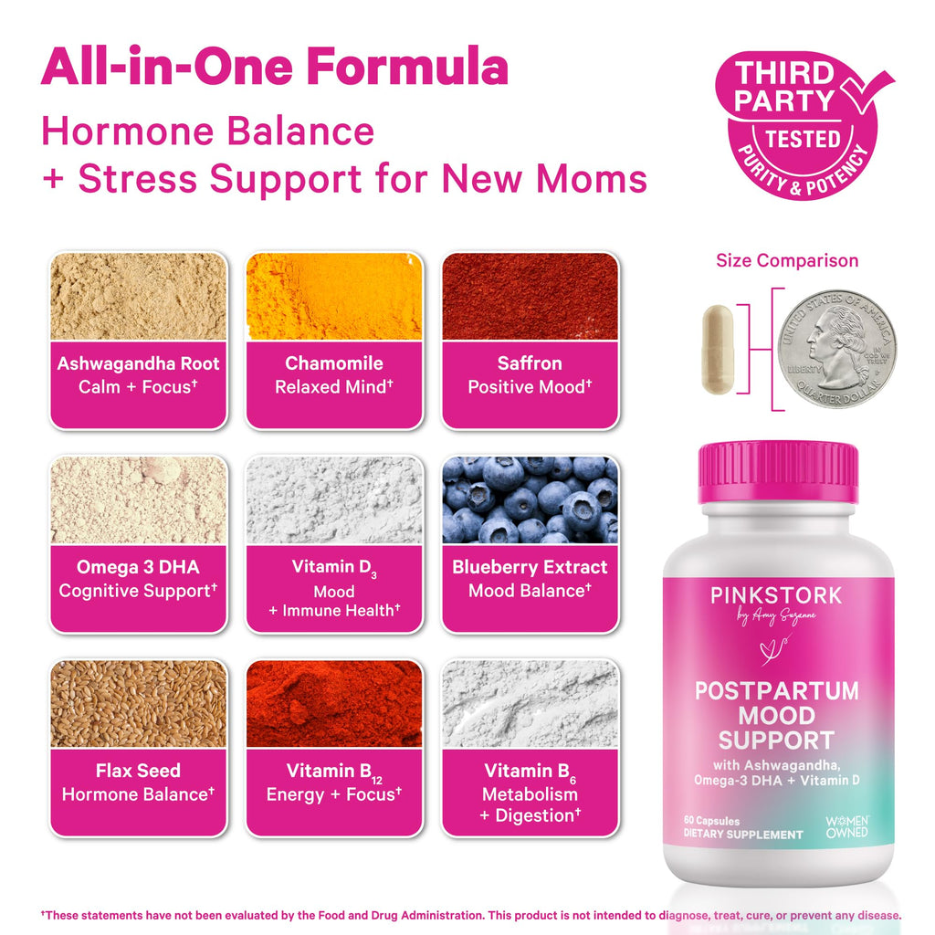 Pink Stork Postpartum Mood Support - Postnatal Hormone Balance for Women - Breastfeeding Friendly - Stress & Cognitive Support, New Mom Essentials - Ashwagandha, Chamomile, & Vitamin D, 60 Capsules Pink Stork Au supplements