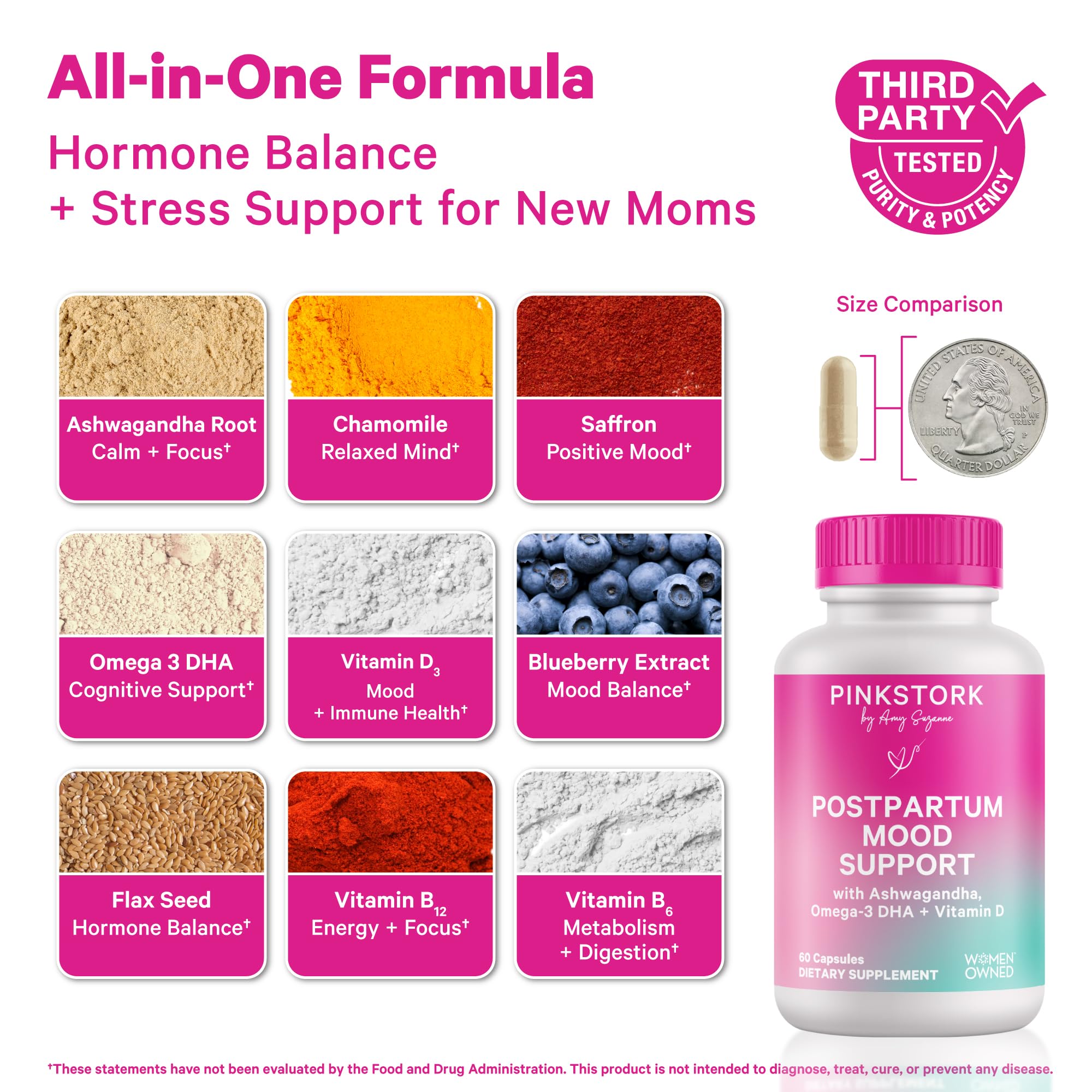 Pink Stork Postpartum Mood Support - Postnatal Hormone Balance for Women - Breastfeeding Friendly - Stress & Cognitive Support, New Mom Essentials - Ashwagandha, Chamomile, & Vitamin D, 60 Capsules Pink Stork Au supplements