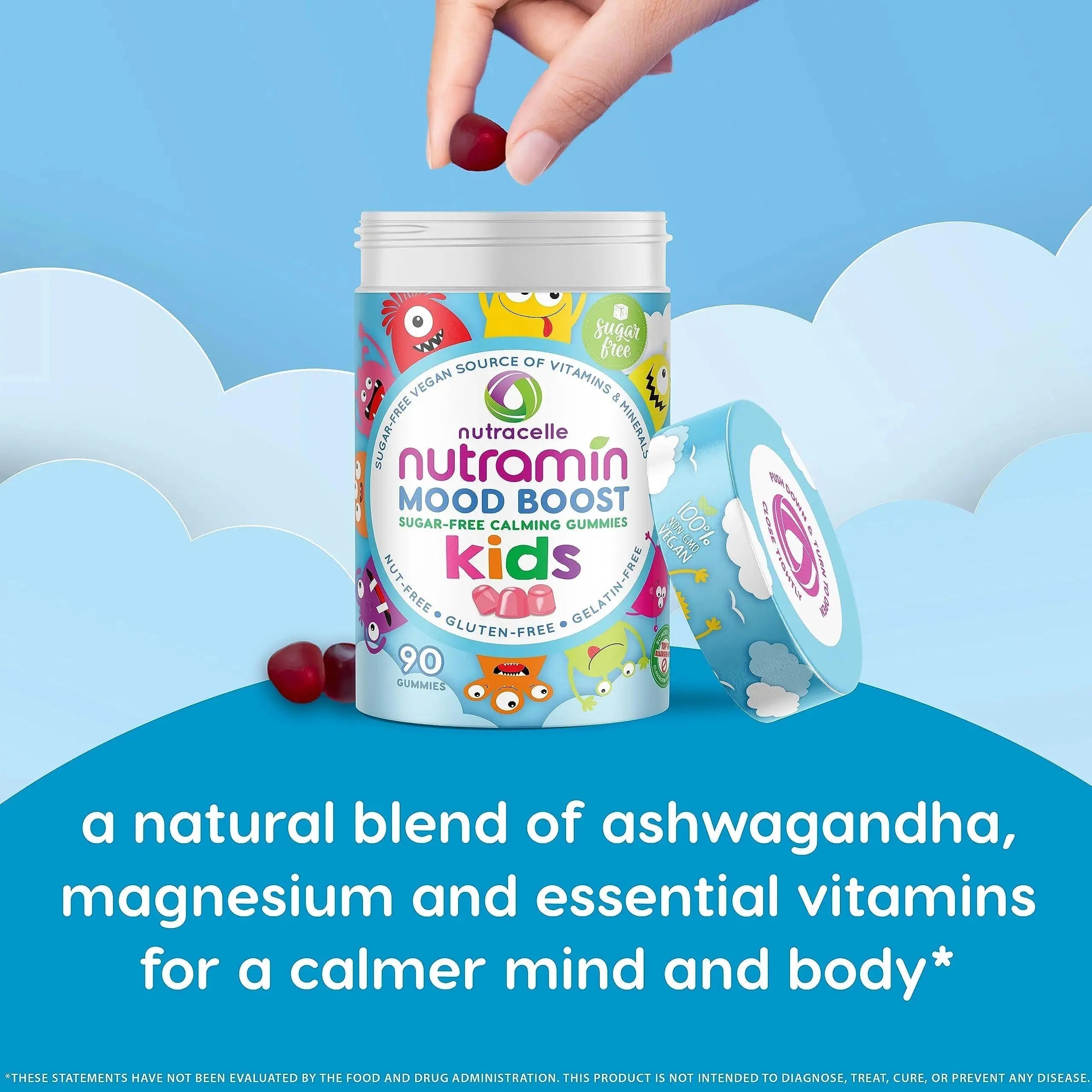 NUTRAMIN Kids Mood Boost Vegan Vitamin Gummy: Calming Magnesium Citrate Supplement for Children with Ashwagandha & Vitamin B Complex to Relax & Focus Nutracelle Au supplements