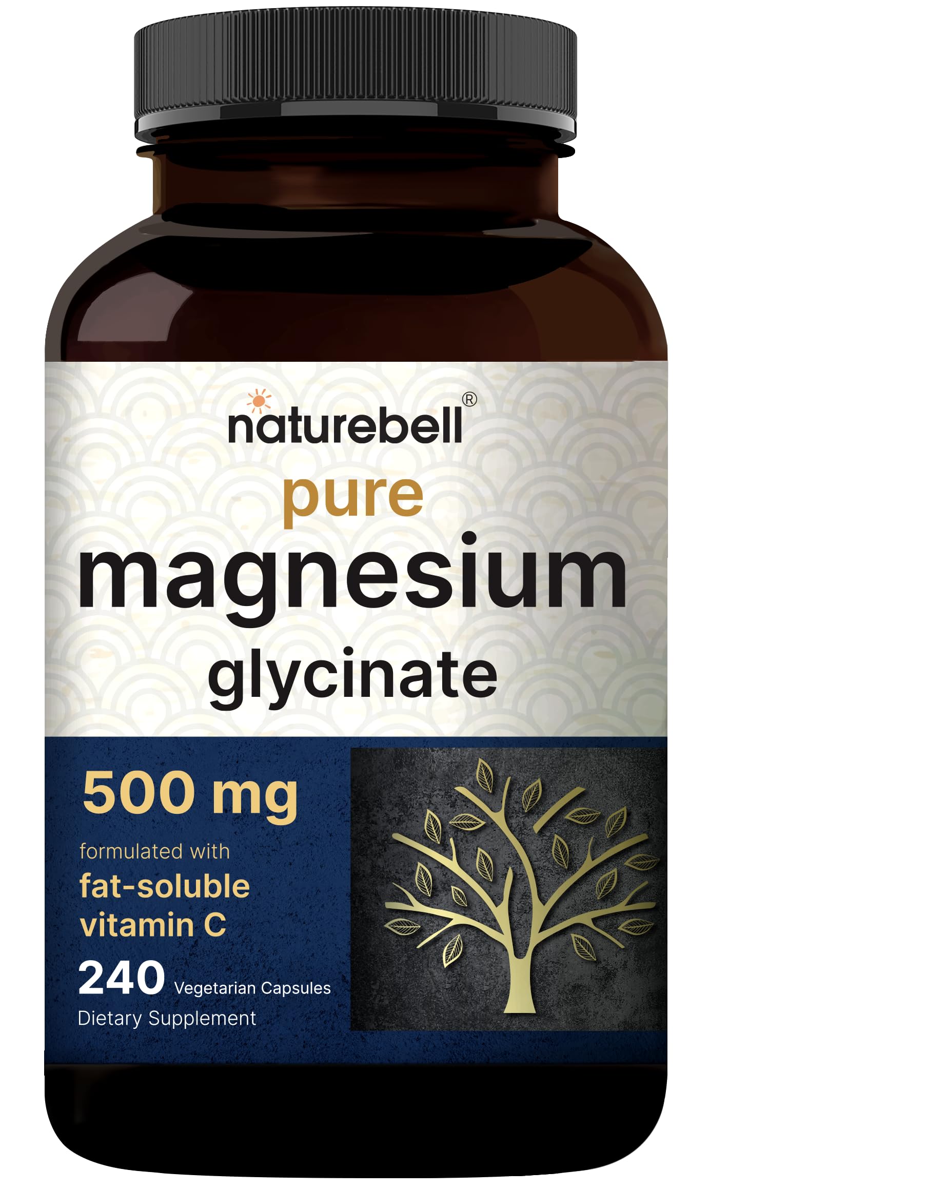 Naturebell Pure Magnesium Glycinate 500mg, 240 Veggie Capsules | 100% Chelated & Purified – 3rd Party Tested, Vegan Friendly, Non-GMO, Filler Free