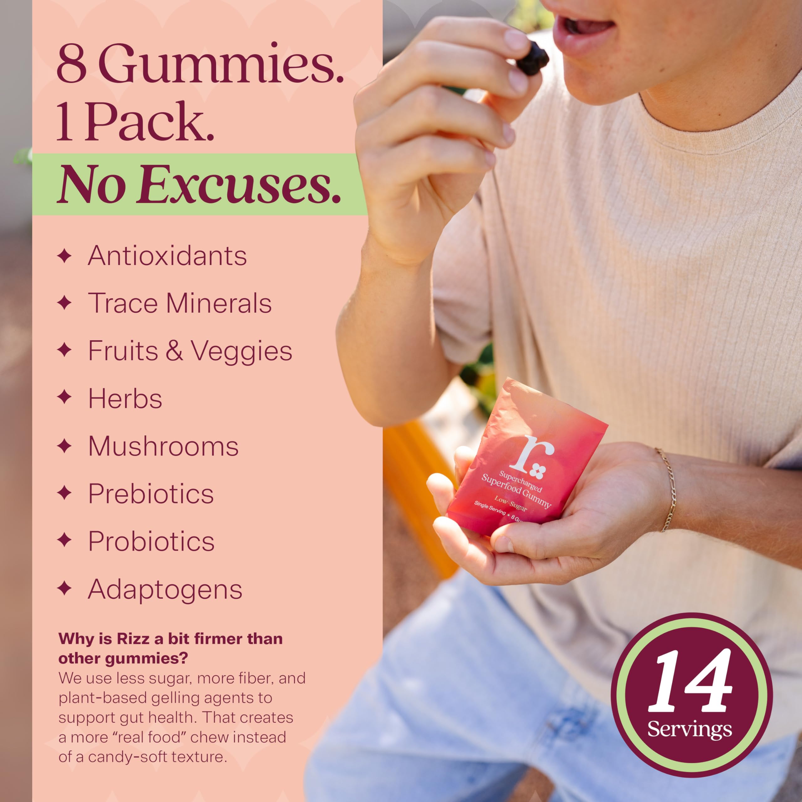 Rizz Low Sugar Green Gummies - 60+ Superfoods 6g Fiber - Prebiotic and Probiotic Gummies - Vegan Multivitamins for Women & Men - Gluten Free - Mushroom,