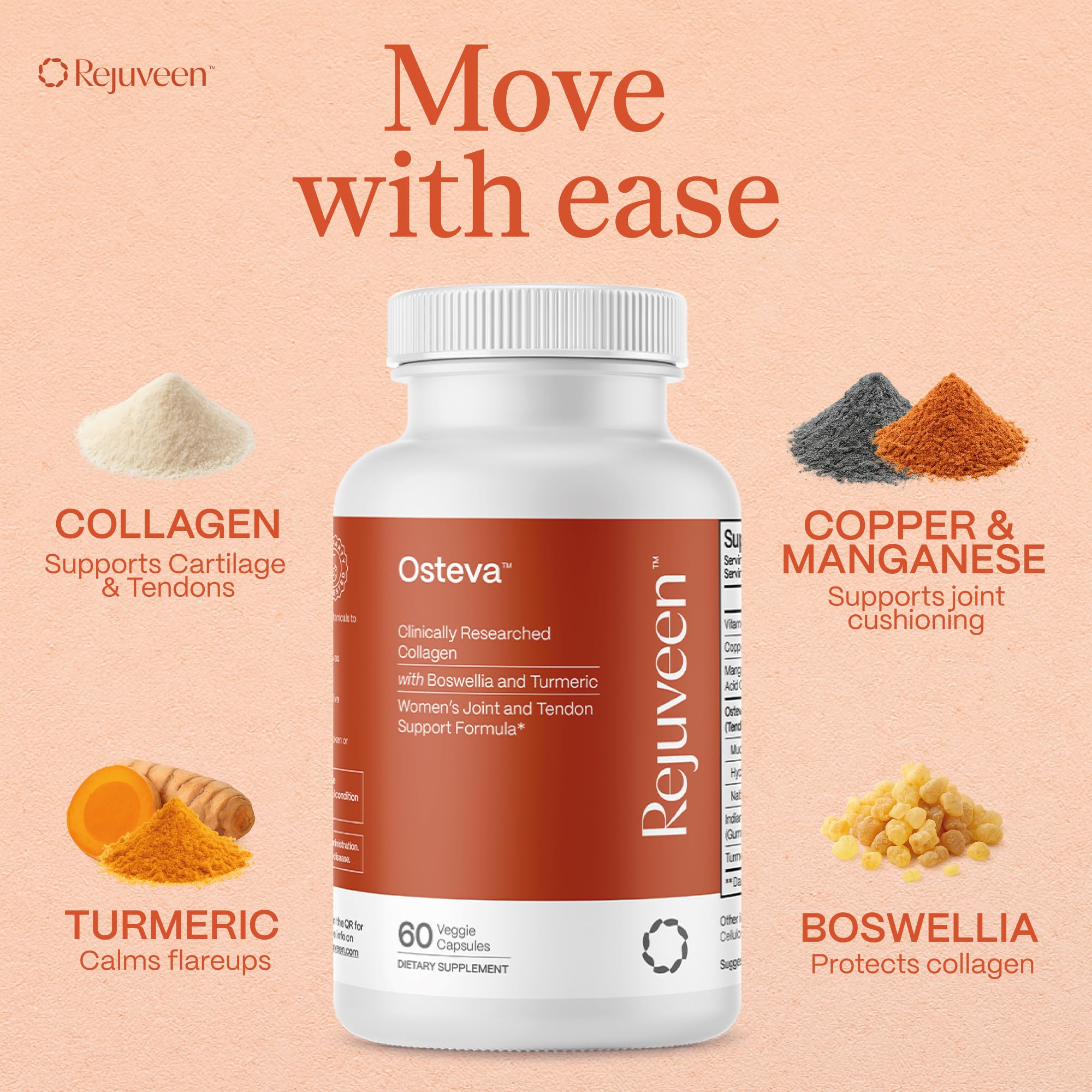 Rejuveen Osteva Joint Support Supplement for Women | High Potency Collagen, Turmeric, Boswellia | for Flexible Cartilage & Tendons,
