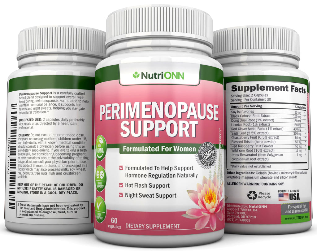 NutriONN Perimenopause Supplement for Women - Natural Support for Hot Flashes & Night Sweats - Improved Mood & Sleep - 11 Herbal Ingredients with Black Cohosh & Red Clover - Hormone Balance - Non-GMO NutriONN Au supplements